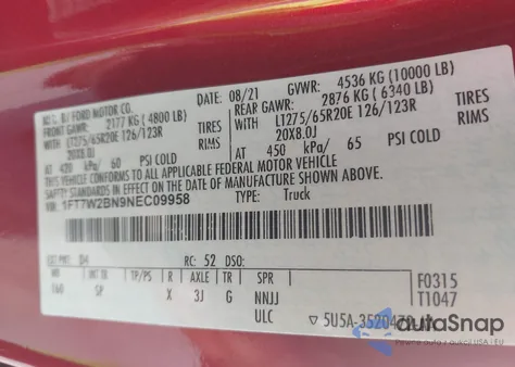 2022 Ford F-250 King Ranch z USA, uszkodzony, nr VIN 1FT7W2BN9NEC09958